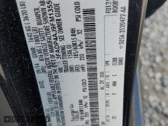 2015 Ford Fiesta S with VIN 3FADP4AJ9FM135503, listed as a Copart auction lot 60417415 with 161,240 mi miles and Salvage title. Bid and sale history available at DreamBid. Image 13.