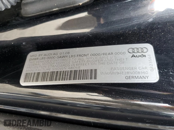 2008 Audi A8 L 4.2L with VIN WAUMV94E38N008960, listed as a Copart auction lot 71106524 with 0 mi miles and Salvage Title. Bid and sale history available at carsss.com. Image 12.