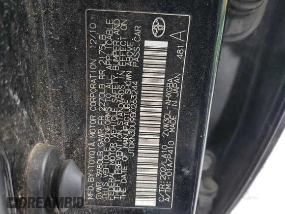 2011 Toyota Prius I with VIN JTDKN3DU9B0263244, listed as a Copart auction lot 54960925 with 189,210 mi miles and Clean Title. Bid and sale history available at carsss.com. Image 12.