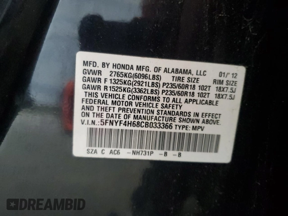 2012 Honda Pilot EX-L with VIN 5FNYF4H68CB033366, listed as a Copart auction lot 66509065 with 218,594 mi miles and Clean title. Bid and sale history available at DreamBid. Image 13.