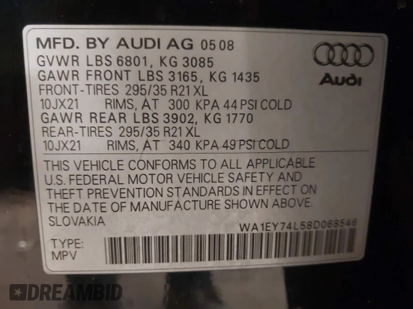 2008 Audi Q7 Premium Plus with VIN WA1EY74L58D068546, listed as a IAAI auction lot 41433997 with 113,533 mi miles and . Bid and sale history available at DreamBid. Image 9.