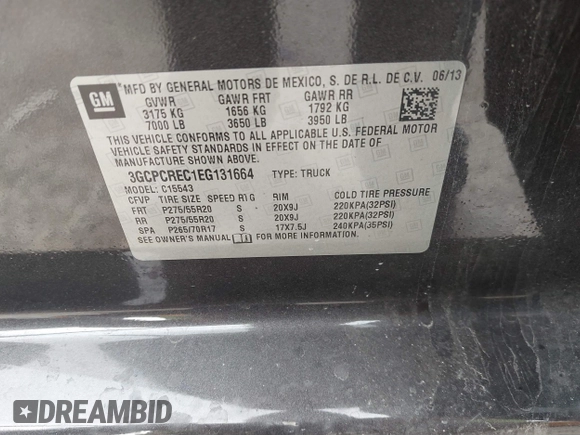 2014 Chevrolet Silverado 1500 LT with VIN 3GCPCREC1EG131664, listed as a IAAI auction lot 41749621 with 243,344 mi miles. Bid and sale history available at carsss.com. Image 9.
