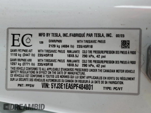 2023 Tesla Model 3 with VIN 5YJ3E1EA5PF484801, listed as a Copart auction lot 79766274 with 83,541 mi miles and Clean Title. Bid and sale history available at DreamBid. Image 12.
