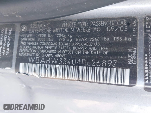 2004 BMW 3 Series 325Ci with VIN WBABW33404PL26897, listed as a IAAI auction lot 41007643 with 139,206 mi miles. Bid and sale history available at carsss.com. Image 9.