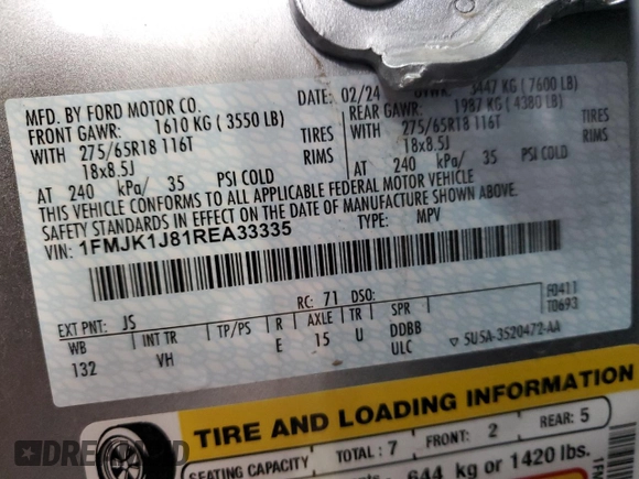 2024 Ford Expedition Max XLT z VIN 1FMJK1J81REA33335, wystawiony jako Copart lot #47927915 z przebiegiem 17 743 mil mil oraz Szkoda całkowita • Salvage title. Historia ofert i sprzedaży dostępna na DreamBid. Obrazek 14.