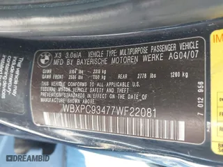 2007 BMW X3 3.0si with VIN WBXPC93477WF22081, listed as a IAAI auction lot 41679094 with 214,553 mi miles. Bid and sale history available at carsss.com. Image 9.