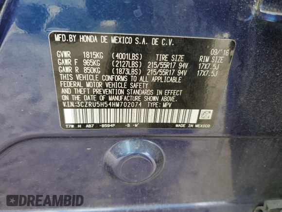 2017 Honda HR-V EX with VIN 3CZRU5H54HM702074, listed as a Copart auction lot 47703025 with 105,973 mi miles and Salvage Title. Bid and sale history available at carsss.com. Image 12.