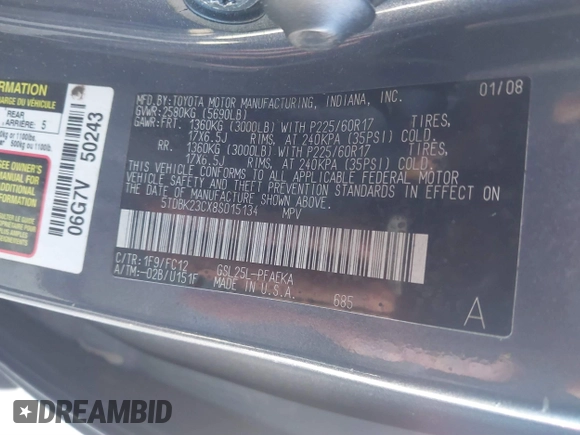 2008 Toyota Sienna LE with VIN 5TDBK23CX8S015134, listed as a IAAI auction lot 41589751 with 108,886 mi miles and . Bid and sale history available at DreamBid. Image 9.