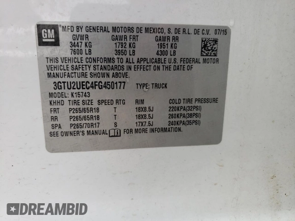 2015 GMC Sierra 1500 SLE с VIN 3GTU2UEC4FG450177, выставлен на аукционе Copart как лот 67113904 с пробегом 176 224 миль миль и Списание • Salvage title. История ставок и продаж доступна на DreamBid. Изображение 13.