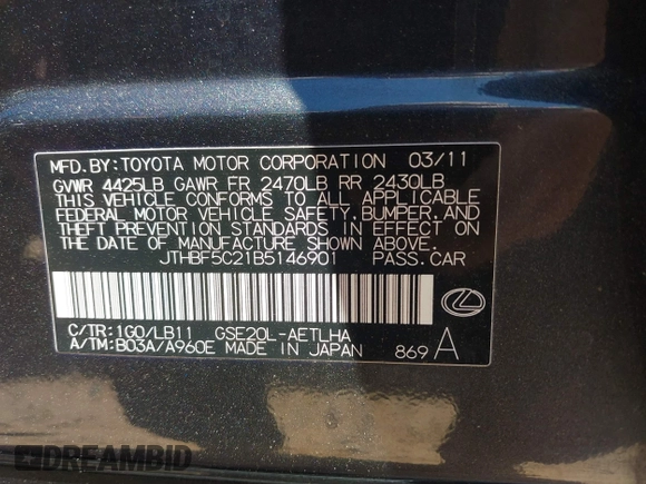 2011 Lexus IS 250 с VIN JTHBF5C21B5146901, выставлен на аукционе IAAI как лот 42330883 с пробегом 188 437 миль миль и . История ставок и продаж доступна на DreamBid. Изображение 9.