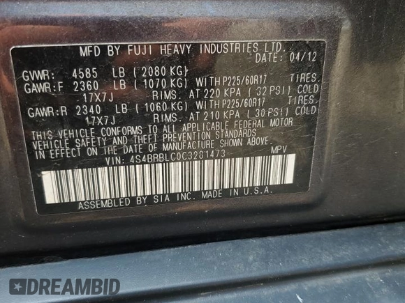 2012 Subaru Outback Limited with VIN 4S4BRBLC0C3281473, listed as a Copart auction lot 60087415 with 134,408 mi miles and Salvage title. Bid and sale history available at DreamBid. Image 12.