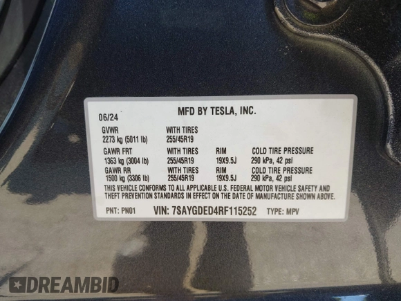2024 Tesla Model Y z VIN 7SAYGDED4RF115252, wystawiony jako IAAI lot #42302658 z przebiegiem 7 365 mil mil oraz . Historia ofert i sprzedaży dostępna na DreamBid. Obrazek 9.