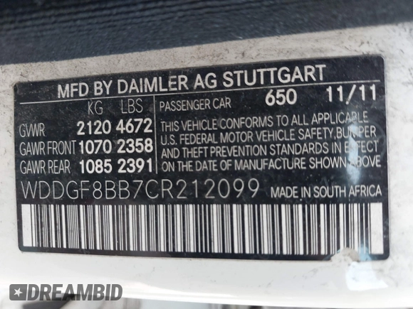 2012 Mercedes-Benz C 300 Sport с VIN WDDGF8BB7CR212099, выставлен на аукционе IAAI как лот 42411121 с пробегом 202 811 миль миль и . История ставок и продаж доступна на DreamBid. Изображение 9.
