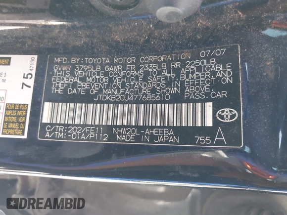 2007 Toyota Prius z VIN JTDKB20U477685610, wystawiony jako IAAI lot #42433569 z przebiegiem 197 598 mil mil oraz . Historia ofert i sprzedaży dostępna na DreamBid. Obrazek 9.