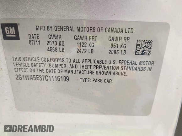 2012 Chevrolet Impala LS Retail with VIN 2G1WA5E37C1116109, listed as a IAAI auction lot 42442315 with 168,000 mi miles and . Bid and sale history available at DreamBid. Image 9.