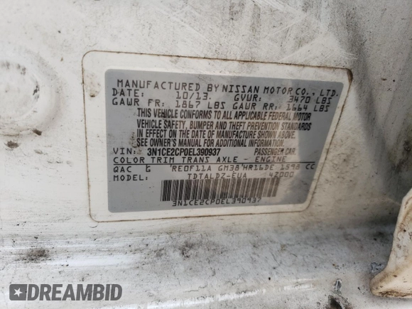 2014 Nissan Note SV with VIN 3N1CE2CP0EL390937, listed as a Copart auction lot 54212045 with 163,672 mi miles and Salvage Title. Bid and sale history available at DreamBid. Image 13.