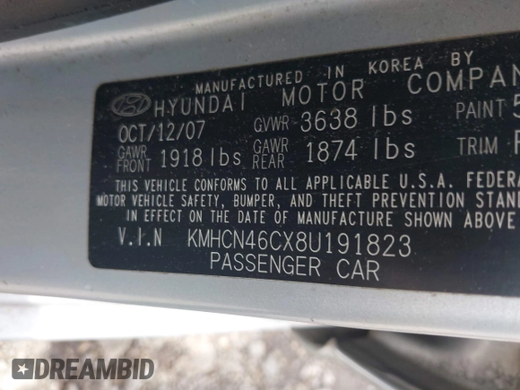 2008 Hyundai Accent GLS with VIN KMHCN46CX8U191823, listed as a IAAI auction lot 42270245 with 242,852 mi miles and . Bid and sale history available at DreamBid. Image 8.