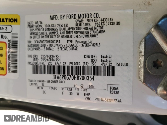 2017 Ford Fusion S with VIN 3FA6P0G70HR200354, listed as a Copart auction lot 87444024 with 62,020 mi miles and Clean Title. Bid and sale history available at DreamBid. Image 12.