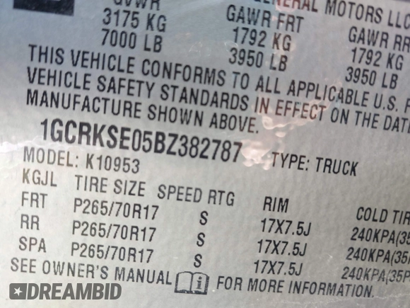 2011 Chevrolet Silverado 1500 LT with VIN 1GCRKSE05BZ382787, listed as a IAAI auction lot 41421158 with 140,145 mi miles and . Bid and sale history available at DreamBid. Image 9.