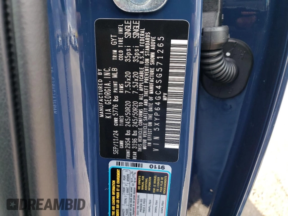 2025 Kia Telluride S with VIN 5XYP64GC4SG571265, listed as a Copart auction lot 83986074 with 9 mi miles and Salvage Title. Bid and sale history available at DreamBid. Image 12.