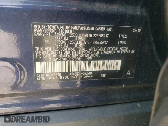 2019 Toyota RAV4 XLE with VIN 2T3W1RFV0KC027858, listed as a Copart auction lot 54301995 with 145,669 mi miles and Salvage Title. Bid and sale history available at carsss.com. Image 13.