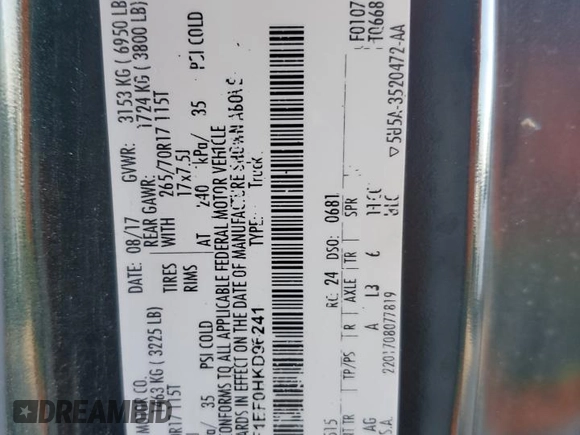 2017 Ford F-150 XL with VIN 1FTMF1EF0HKD96241, listed as a Copart auction lot 72636114 with 130,154 mi miles and Salvage title. Bid and sale history available at DreamBid. Image 12.