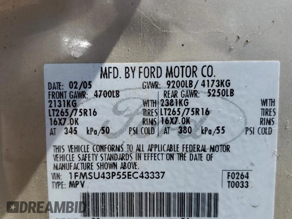 2005 Ford Excursion Limited with VIN 1FMSU43P55EC43337, listed as a Copart auction lot 55486245 with 213,302 mi miles and Clean Title. Bid and sale history available at DreamBid. Image 12.