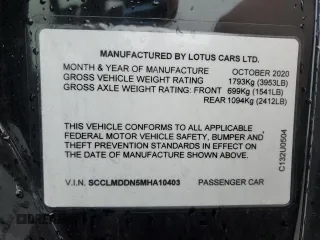 2021 Lotus Evora GT z VIN SCCLMDDN5MHA10403, wystawiony jako Copart lot #52484955 z przebiegiem Nie podano mil oraz Szkody całkowita. Historia ofert i sprzedaży dostępna na DreamBid. Obrazek 13.