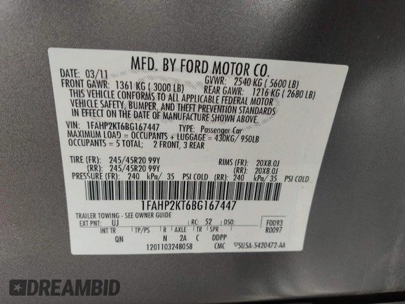 2011 Ford Taurus SHO with VIN 1FAHP2KT6BG167447, listed as a IAAI auction lot 41433934 with 201,600 mi miles and . Bid and sale history available at DreamBid. Image 9.