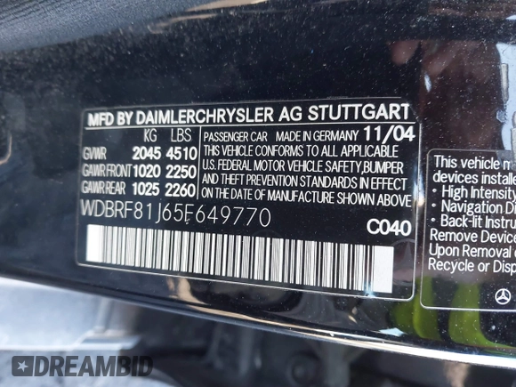 2005 Mercedes-Benz C 240 with VIN WDBRF81J65F649770, listed as a IAAI auction lot 41624644 with 185,722 mi miles and . Bid and sale history available at DreamBid. Image 9.
