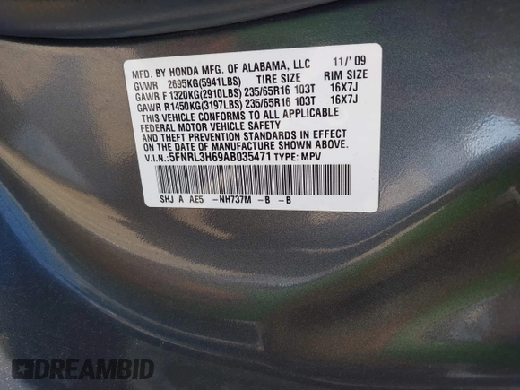 2010 Honda Odyssey EX-L with VIN 5FNRL3H69AB035471, listed as a IAAI auction lot 42046260 with 191,748 mi miles. Bid and sale history available at carsss.com. Image 9.