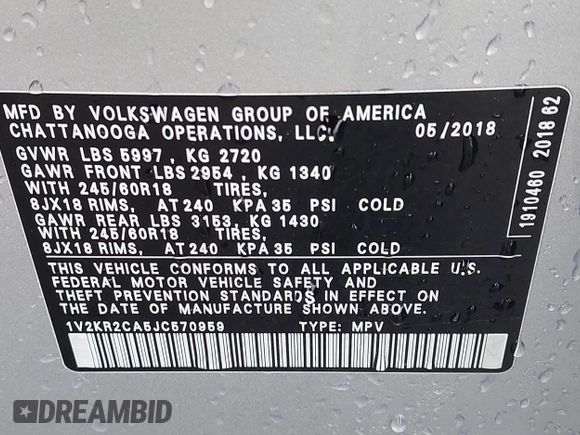 2018 Volkswagen Atlas SE with VIN 1V2KR2CA5JC570959, listed as a IAAI auction lot 42202947 with 122,134 mi miles and . Bid and sale history available at DreamBid. Image 9.
