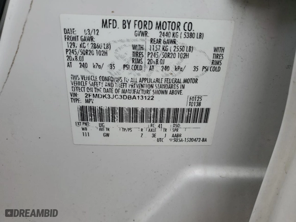 2013 Ford Edge SEL with VIN 2FMDK3JC3DBA13122, listed as a Copart auction lot 53722385 with 163,914 mi miles and Clean Title. Bid and sale history available at carsss.com. Image 12.