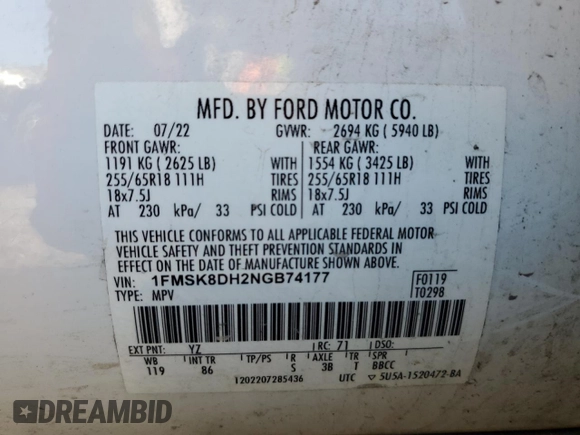2022 Ford Explorer XLT with VIN 1FMSK8DH2NGB74177, listed as a Copart auction lot 52095275 with Not provided miles and Salvage title. Bid and sale history available at DreamBid. Image 13.