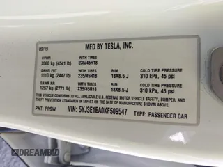 2019 Tesla Model 3 Mid Range with VIN 5YJ3E1EA0KF509547, listed as a IAAI auction lot 40720566 with 41,655 mi miles and . Bid and sale history available at DreamBid. Image 8.