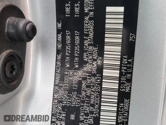 2015 Toyota Sienna XLE с VIN 5TDYK3DC7FS571431, выставлен на аукционе Copart как лот 57173595 с пробегом 305 940 миль миль и Списание • Salvage title. История ставок и продаж доступна на DreamBid. Изображение 13.