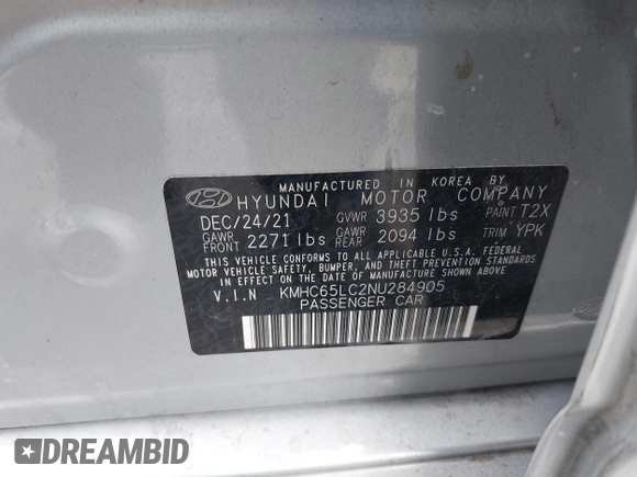 2022 Hyundai Ioniq Blue with VIN KMHC65LC2NU284905, listed as a IAAI auction lot 42193497 with 86,154 mi miles and . Bid and sale history available at DreamBid. Image 9.