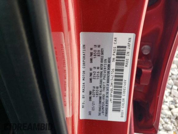 2021 Mazda 3 Select with VIN JM1BPABL3M1342706, listed as a Copart auction lot 73791724 with 27,233 mi miles and Salvage title. Bid and sale history available at DreamBid. Image 12.