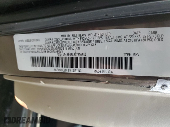 2009 Subaru Outback Limited z VIN 4S4BP66C397339618, wystawiony jako Copart lot #51185985 z przebiegiem Nie podano mil oraz Nie do naprawy • Non repairable. Historia ofert i sprzedaży dostępna na DreamBid. Obrazek 15.