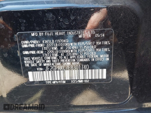 2014 Subaru Crosstrek Limited with VIN JF2GPAKC7E8301740, listed as a IAAI auction lot 42570833 with 98,047 mi miles and . Bid and sale history available at DreamBid. Image 9.