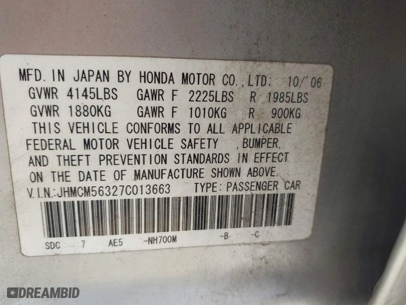 2007 Honda Accord Sdn LX SE with VIN JHMCM56327C013663, listed as a IAAI auction lot 42005628 with 167,927 mi miles. Bid and sale history available at carsss.com. Image 9.