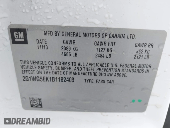 2011 Chevrolet Impala LT Fleet with VIN 2G1WG5EK1B1182403, listed as a IAAI auction lot 40175152 with 137,909 mi miles and . Bid and sale history available at DreamBid. Image 9.