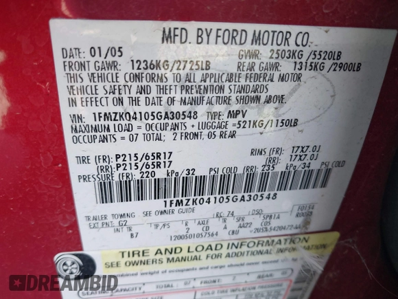 2005 Ford Freestyle SE with VIN 1FMZK04105GA30548, listed as a IAAI auction lot 41422368 with 258,791 mi miles and . Bid and sale history available at DreamBid. Image 9.