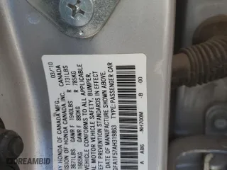 2010 Honda Civic Sdn LX with VIN 2HGFA1F57AH319863, listed as a Copart auction lot 46501615 with 0 mi miles and Salvage Title. Bid and sale history available at carsss.com. Image 12.