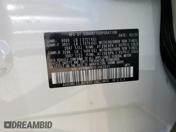 2020 Subaru Ascent Limited with VIN 4S4WMAPD0L3462831, listed as a Copart auction lot 58041645 with 38,642 mi miles and Salvage title. Bid and sale history available at DreamBid. Image 14.