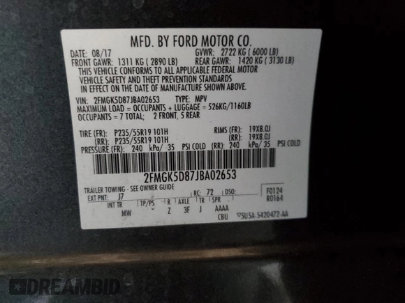 2018 Ford Flex Limited with VIN 2FMGK5D87JBA02653, listed as a Copart auction lot 83594974 with 106,694 mi miles and Salvage Title. Bid and sale history available at carsss.com. Image 13.