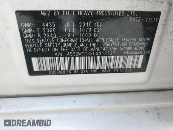 2012 Subaru Legacy Premium with VIN 4S3BMCC68C3012737, listed as a Copart auction lot 61844535 with 197,012 mi miles and Salvage title. Bid and sale history available at DreamBid. Image 12.