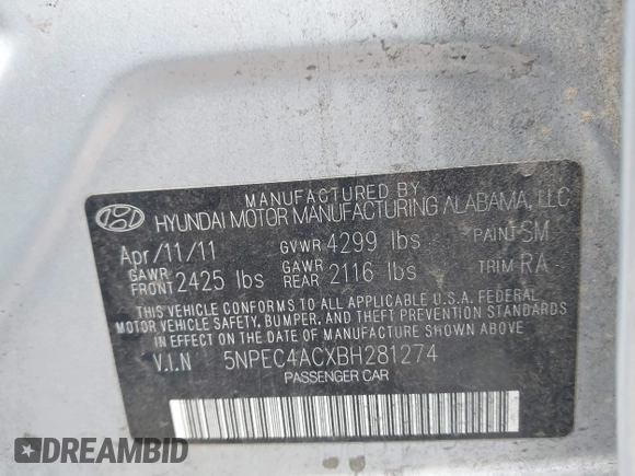 2011 Hyundai Sonata SE with VIN 5NPEC4ACXBH281274, listed as a IAAI auction lot 41433159 with 211,652 mi miles. Bid and sale history available at carsss.com. Image 9.