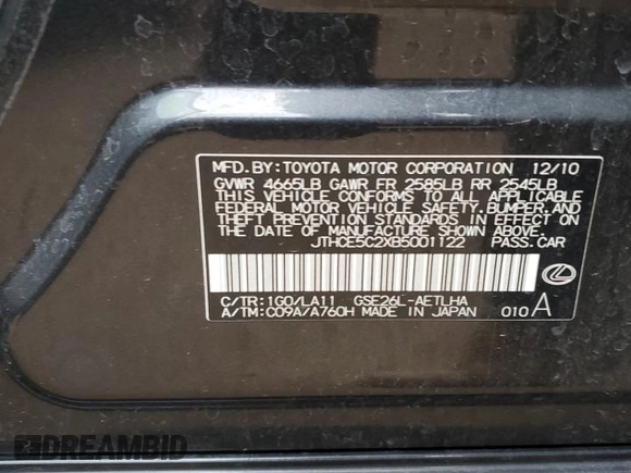 2011 Lexus IS 350 with VIN JTHCE5C2XB5001122, listed as a Copart auction lot 79341644 with 91,481 mi miles and Clean title. Bid and sale history available at DreamBid. Image 12.