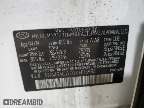2019 Hyundai Santa Fe SEL with VIN 5NMS3CAD2KH115933, listed as a Copart auction lot 48519895 with 89,229 mi miles and Salvage Title. Bid and sale history available at carsss.com. Image 14.